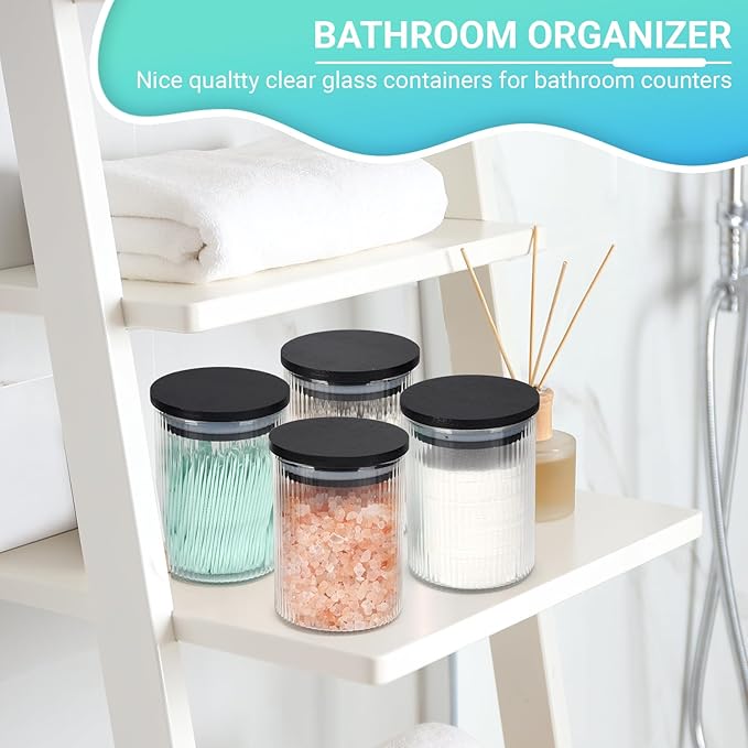 BKYFPQ 2 Pack Ribbed Glass Qtip Holder Dispenser Set - Apothecary Jars with Lids - Bathroom Canister Storage Organizer and Vanity Makeup Organizer for Cotton Ball, Cotton Swab, Cotton Round Pads,Floss