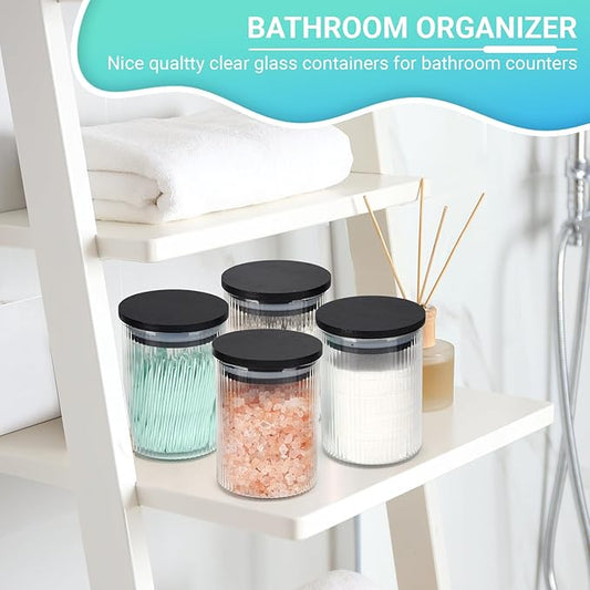 BKYFPQ 2 Pack Ribbed Glass Qtip Holder Dispenser Set - Apothecary Jars with Lids - Bathroom Canister Storage Organizer and Vanity Makeup Organizer for Cotton Ball, Cotton Swab, Cotton Round Pads,Floss