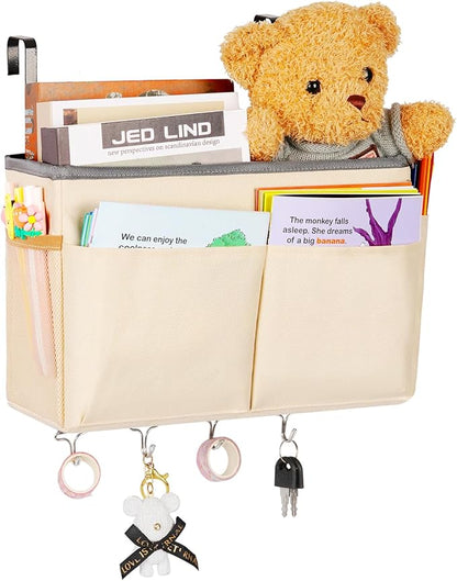 Frjjthchy Bedside Storage Organizer 5 Pockets with 4 Hooks Hanging Storage Bag for Headboards/Bunk Bed (Beige)