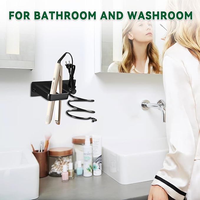 OlBuWa Hair Dryer Rack Wall Mounted Stainless Steel Shelf Storage For Bathroom Walls (Black)