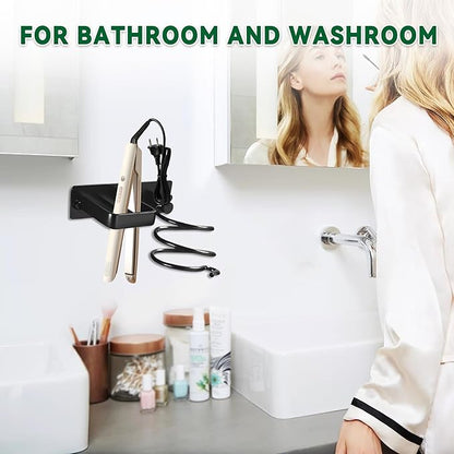 OlBuWa Hair Dryer Rack Wall Mounted Stainless Steel Shelf Storage For Bathroom Walls (Black)