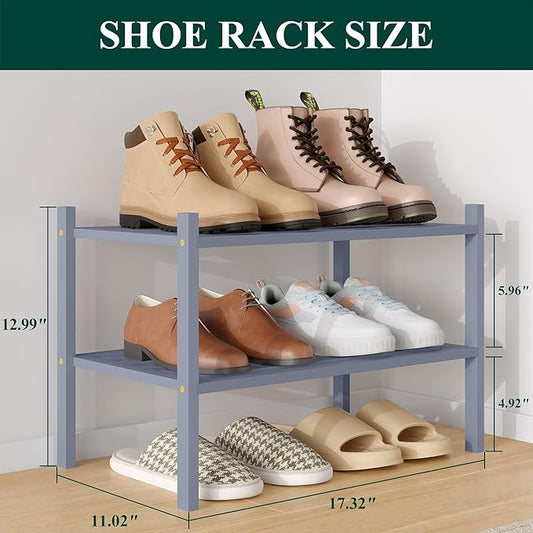 Smiry Small Bamboo Shoe Rack 2-Tier, Stackable Wooden Shoe Organizer for Entryway & Closet, Free Standing Wood Shoe Storage Shelf for Front Door & Small Spaces, Grey