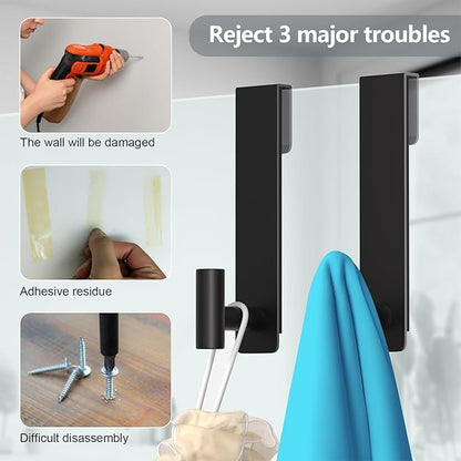 HUFEEOH Shower Towel Hooks, 7.5-Inch Extended Over Glass Shower Door Hanger for Towels & Robes, Rustproof Bathroom Towel Rack, 2-Pack (Black, T Shape)