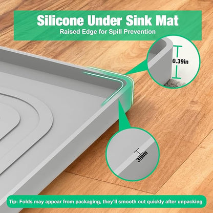 Aisslro Under Sink Mat 22" X 19", Waterproof Silicone Under Sink Mats for Kitchen, Anti-Leak Shelf Liner & Cabinet Protector with Raised Edge, [BPA Free] Bathroom Tray Home Organizer, Light Gray
