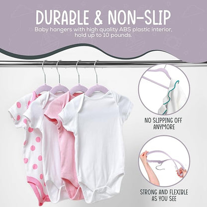 TechZoo 50 Premium Velvet Baby Hangers 11.8" Inch Non-Slip Infant, Ultra Slim Space-Saving Children Closet Hangers, 360° Swivel Hook, Strong & Durable Baby Toddler Kids Clothes Hanger, Purple