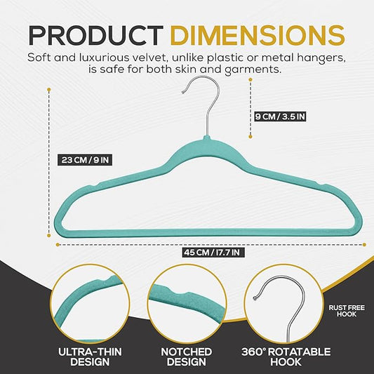 Techzoo 50 Pack New Premium Quality Velvet Hangers Ultra Thin Non Slip Adult Felt Space Saving Hangers for Closet Heavy Duty Coat Pants Dress Hangers 360° Swivel Hook Hold Upto 10 lbs Teal