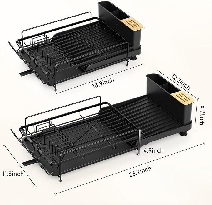 PXYHMUS Large Dish Drying Rack, Multifunctional Dish Rack for Kitchen Counter, Expandable Dish Drainers with Drainboard Utensil Holder, Cup Holder, Black