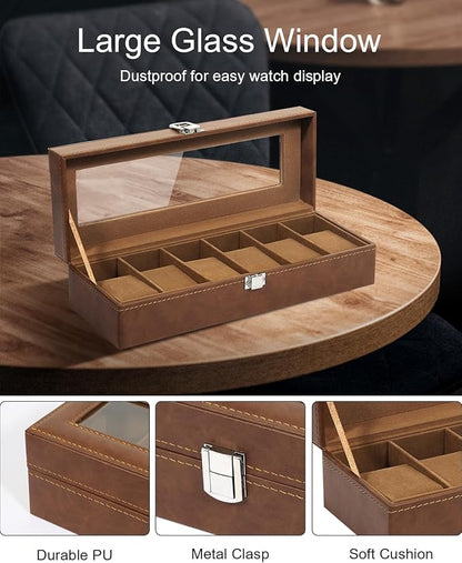 Uten 6 Slots Watch Box, PU Leather Watch Case with Glass Lid, Watch Holder Organizer with Soft Pillow and Velvet Lining, Watch and Jewelry Storage Box, Brown