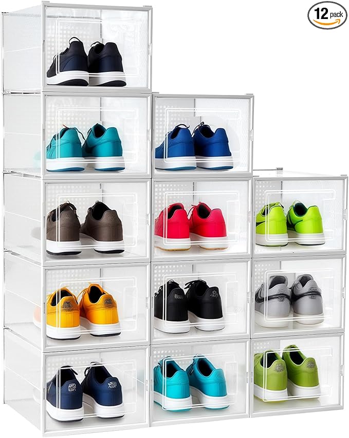 Shoe Storage Boxes, Stack Without Toppling Modular storage boxes combine freely for use in closets, under beds, hallways, and entryways. Space-saving. (Transparent, 12 Pack)