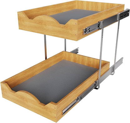 OCG Pull Out Drawers For Cabinets 14"W x 21"D, 2 Tier Heavy-Duty Slide out Wood Drawer Shelf, Pull Out Drawer for Cabinets, Base Cabinet Organization for Kitchen, Pantry, Bathroom