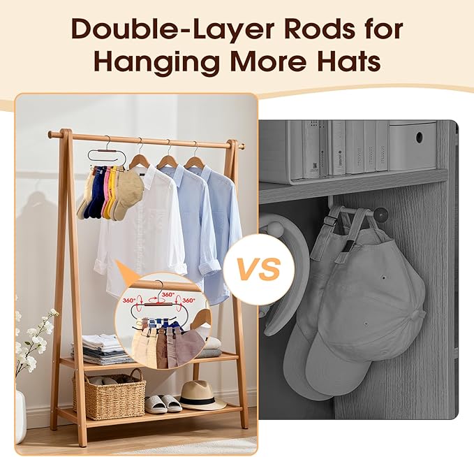 LoforHoney Hat Hanger for Closet, Hat Organizer for Baseball Caps, Wooden & Metal Hat Rack, Double-Layer Hanging Rack Holds 10 Hats, Ideal for Hats, Ties, Bags, Belts, Leggings (1 Pack)