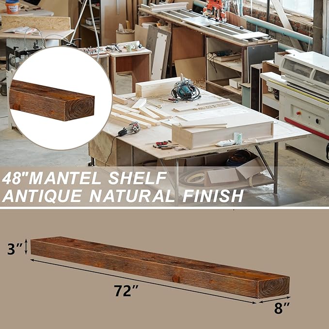 ROOMTEC Fireplace Mantel with L-Shaped Brackets,72" Wood Fireplace Shelves,Wall Mounted Shelving,Handcrafted Brack, 72" x 8" x 3", Wood Brown