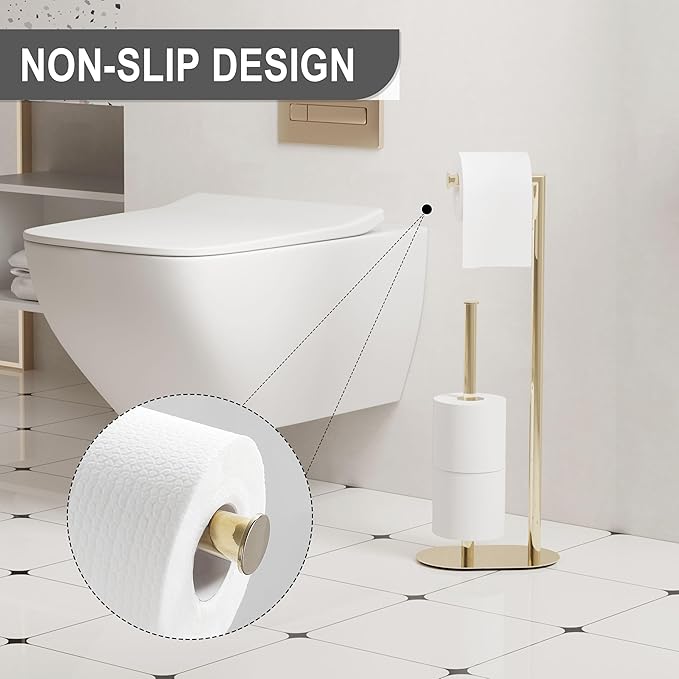 Gold Freestanding Toilet Paper Holder with Reserve for Bathroom with Weighted Base, Modern Tissue Roll Holder Stand