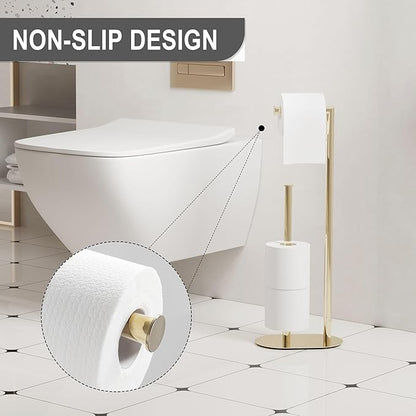 Gold Freestanding Toilet Paper Holder with Reserve for Bathroom with Weighted Base, Modern Tissue Roll Holder Stand