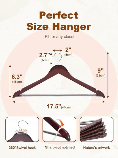 HOUSE DAY Cherry Wooden Hangers 20 Pack, Heavy Duty Wooden Coat Hanger for Closet, Solid Wood Hanger with Non Slip Pant Bar, Smooth Finish Wood Clothes Hangers for Shirts, Suits Jackets, Dress