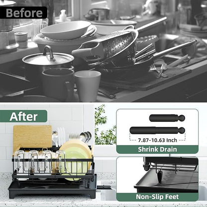 Vathingood Dish Drying Rack, Drying Rack with Automatic Drainboard, Dish Racks for Kitchen Counter, Rustproof Dish Drainer with Removable Utensil Holder, Cups Holder,Black
