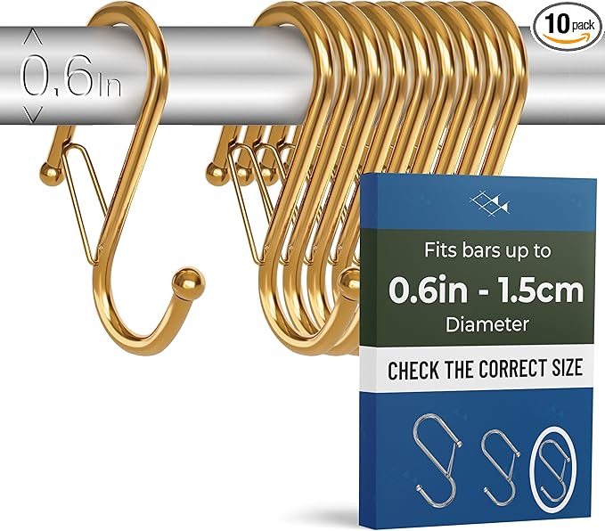 Blau Marité 10-Pack Metal S Hooks for Hanging – Heavy-Duty S-Shaped Hooks with Safety Buckle – Fits Bars up to 0.6 In – Anti-Drop Hook for Kitchen, Pot Racks & Towel Bars – Gold (Small)