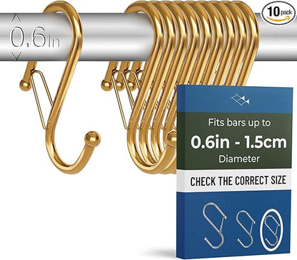 Blau Marité 10-Pack Metal S Hooks for Hanging – Heavy-Duty S-Shaped Hooks with Safety Buckle – Fits Bars up to 0.6 In – Anti-Drop Hook for Kitchen, Pot Racks & Towel Bars – Gold (Small)