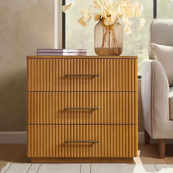 HULALA HOME 26" Fluted Nightstand with 3 Drawers, Modern Solid Wood Night Stand with Charging Station, Bed Side Table with Large Storage, End Table Tall Nightstand, Easy Assembly, Teak