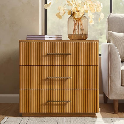 HULALA HOME 26" Fluted Nightstand with 3 Drawers, Modern Solid Wood Night Stand with Charging Station, Bed Side Table with Large Storage, End Table Tall Nightstand, Easy Assembly, Teak
