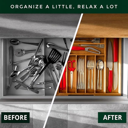 Bamboo Drawer Organizer – Expandable 9 Slot Silverware & Utensil Tray for Kitchen, Office & Kitchen – Fits 13”–19.6” Drawers, Natural Bamboo Wood, Deep Compartments - Durable & Eco-Friendly