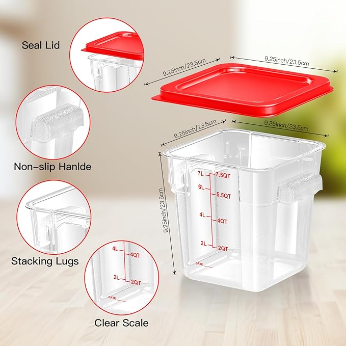 FeyBuosk 4 pcs 8qt Food Storage Containers with Lid, Square Clear Commercial Food Storage Containers with Handle and Scale for Food Storage in Home Kitchen & Dining (Red)