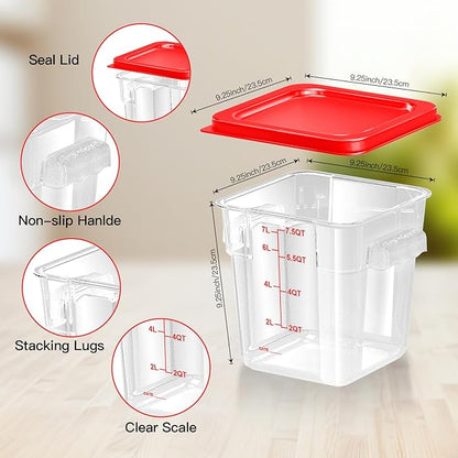 FeyBuosk 4 pcs 8qt Food Storage Containers with Lid, Square Clear Commercial Food Storage Containers with Handle and Scale for Food Storage in Home Kitchen & Dining (Red)