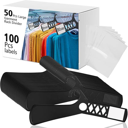 50 Pcs Large Closet Dividers and 100 Pcs White Blank Cards 18 Inch Clothing Rack Size Dividers for Hanging Clothes, Black Garment Rack Tag for Clothes Organization