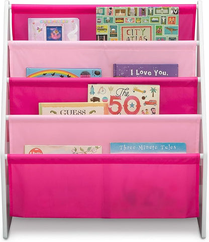 Delta Children Sling Rack Bookshelf for Kids - Easy-to-Reach Storage for Magazines or Coloring Books - Ideal for Playrooms & Homeschooling - Greenguard Gold Certified, White/Pink