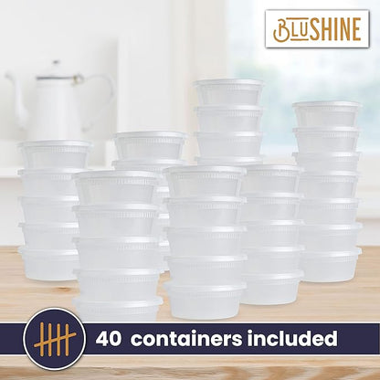 BluShine [40 Sets] 8 oz. Plastic Deli Food Storage Containers with Airtight Leak Proof Lids - Reusable - Microwave, Fridge, and Freezer Safe