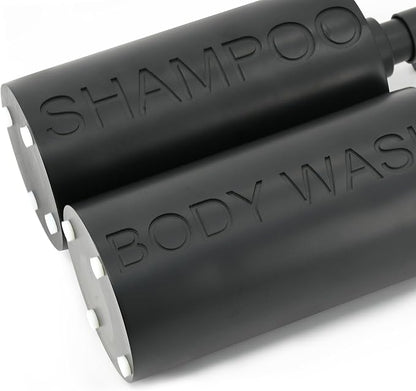 2-Pack Matte Black Resin Refillable Shampoo & Body Wash Bottles – Modern Bathroom Pump Dispenser Set, Durable Resin Shower Containers with Embossed Labels, Reusable Pump Bottle