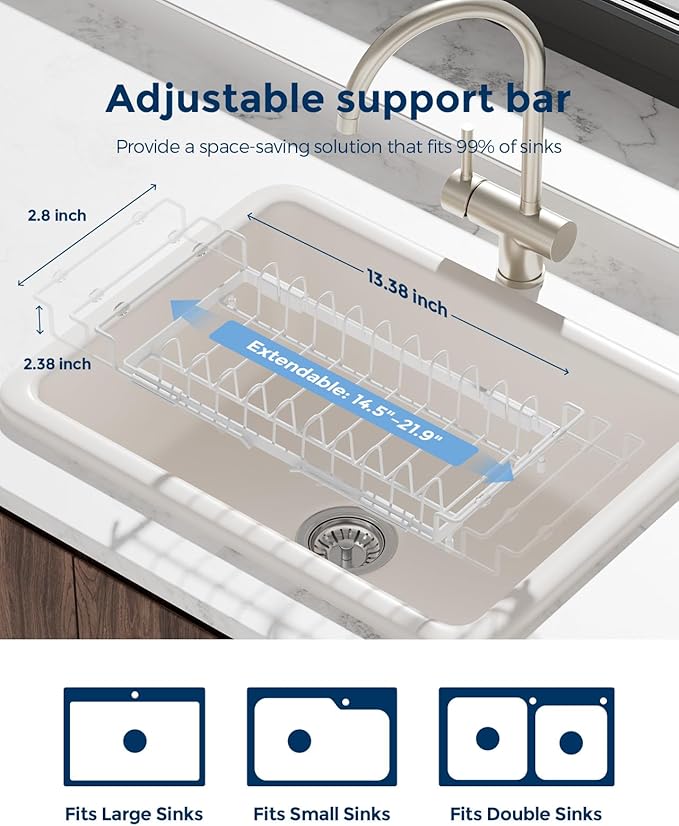 Nacial 2-in-1 Small Dish Drying Rack Fits 14''–21.8'' Sink, Dish Drainers for Kitchen Counter Extend Kitchen Sink Drain Basket with Utensil Holder & Auto-Drain Tray, Stainless Steel Plate Rack, White