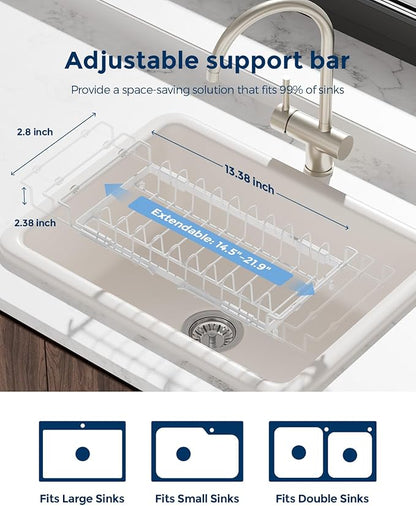 Nacial 2-in-1 Small Dish Drying Rack Fits 14''–21.8'' Sink, Dish Drainers for Kitchen Counter Extend Kitchen Sink Drain Basket with Utensil Holder & Auto-Drain Tray, Stainless Steel Plate Rack, White