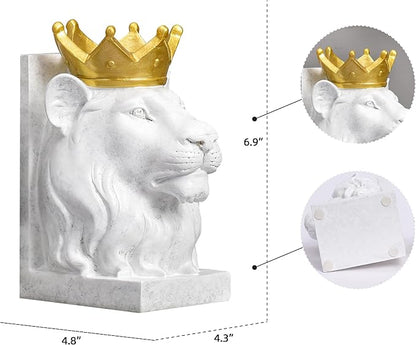 Decorative Lion Bookends - Modern Animal Book Stoppers for Heavy Books - White Lion Figurines