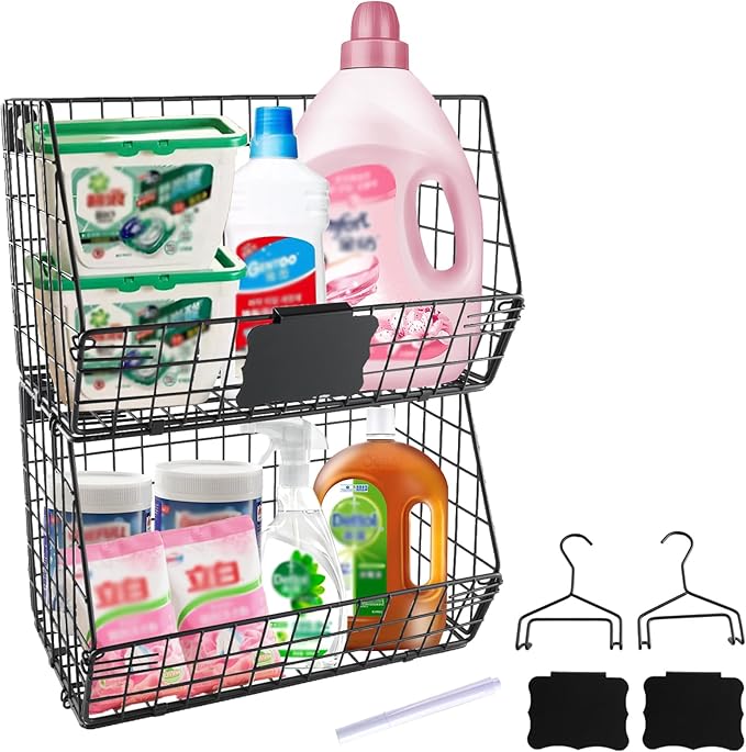 2 Pack Laundry Room Organization and Storage Basket,Wire Stackable Hanging Shelves with 2 Hook,Foldable Laundry Room Accessories Organizer,Hanging Closet Organizer for Towels,Detergent,Tissues