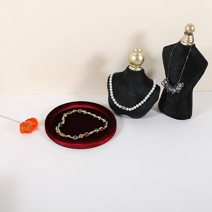 GemeShou Round Jewelry Organizer Plate, Top Microfiber Velvet Jewelry Display Tray, Empty Jewelry Showcase Tray for Necklaces, Bracelets, Rings, Earrings (Red-Medium, 7.9 x 7.9 in)