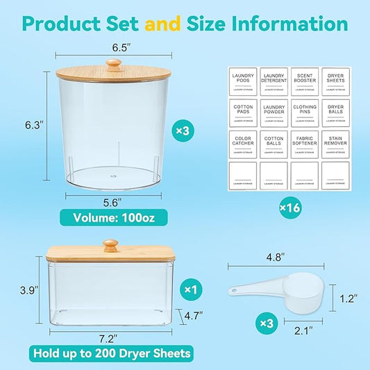 Laundry Pods Container & Dryer Sheet Holder, Laundry Room Organization and Storage Jars with Lids, Labels & Scoops for Powder Detergent Scent Booster
