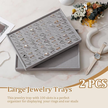 KATISYIO Large Velvet Jewelry Tray 2 Pack Stackable Jewelry Display Drawer Inserts Trays Organizer for Earring Bracelet Necklace Ring (Gray, Ring 81 Slots)