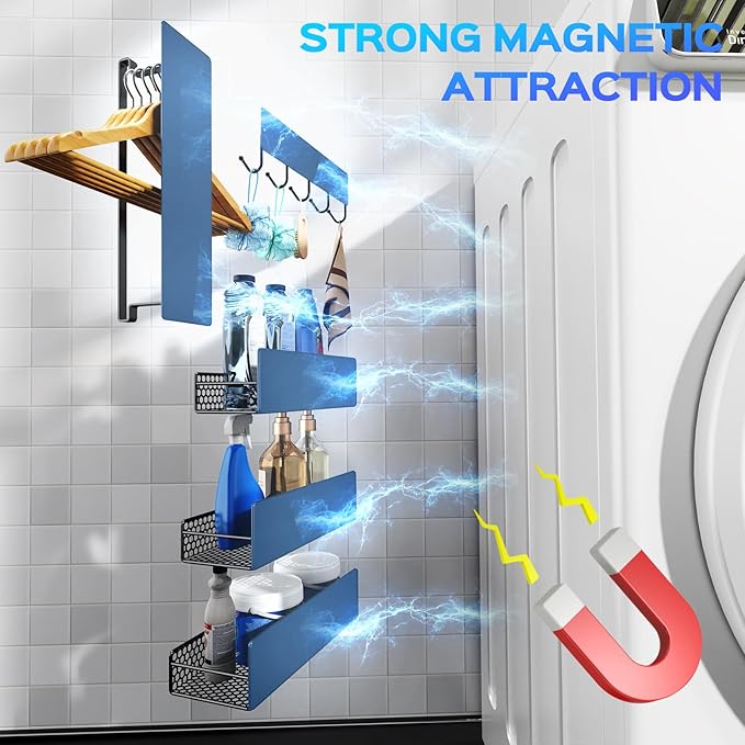 STON ELDER 5 Pack Magnetic Shelves for Washing Machine, Magnetic Spice Racks for Refrigerator, Laundry Organizer with Hooks, Hanger Organizer Stacker, Magnetic Hanger Holder, Utility Room, Kitchen
