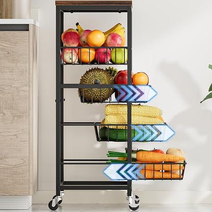 Fruit Vegetable Cart, 4-Tier Snack & Kitchen Cart on Wheels with Storage, Pull-Out Baskets & Wood Top, Rolling Organizer for Pantry, Living Room (Brown)