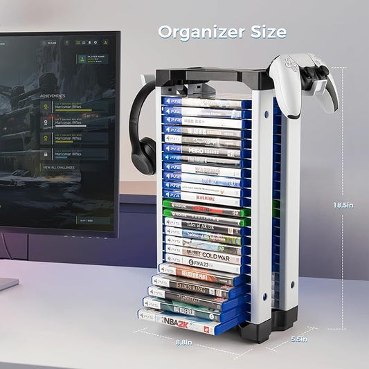 ASFSKY Video Game Storage Tower - 24 Games Holder Stand with 2 Controller Hooks Universal Video Game Organizer Compatible with PS5, PS4, Xbox & Switch Games (23Pcs)