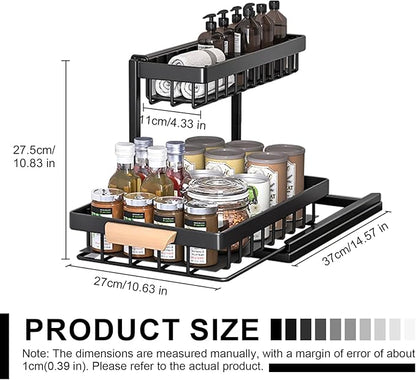 2-Tier Sliding Under Sink Organizer, L-shape Pull Out Cabinet Organizers, Multi-purpose Sink Storage Shelves, Metal Mesh Drawer Organizer for Bathroom Kitchen (Black, Pull-Down Style)