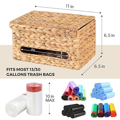 Trash Bag Holder with Scalloped Lid 13–30 Gallon Bags Roll Holder Wall Mount Water Hyacinth Garbage Bag Dispenser for Kitchen, Cabinet (Natural Water Hyacinth)
