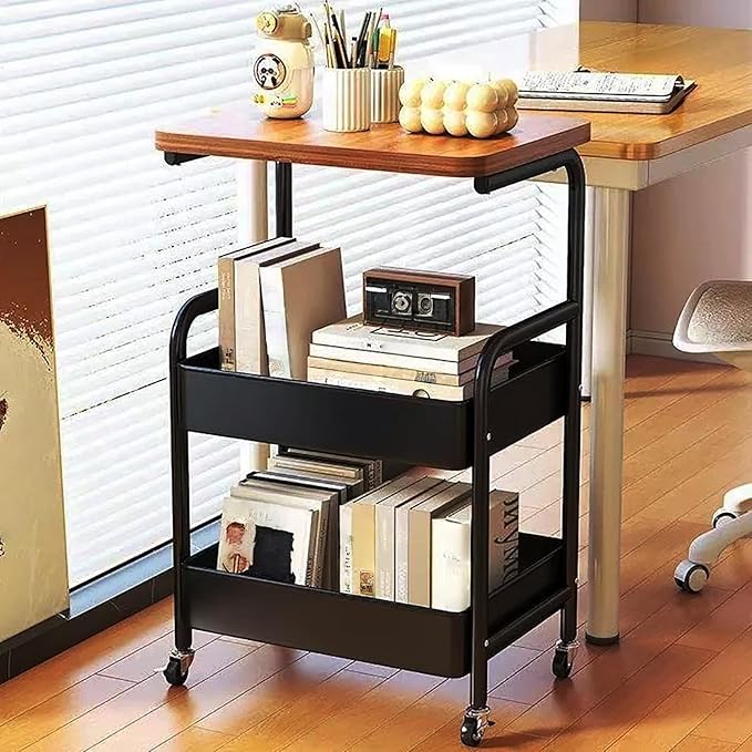 3Tier Rolling Cart - Metal Utility Cart with Wheels, Heavy Duty Mesh Rolling Storage Cart Organizer for Kitchen Office Bedroom Living Room Slide Table (Black)