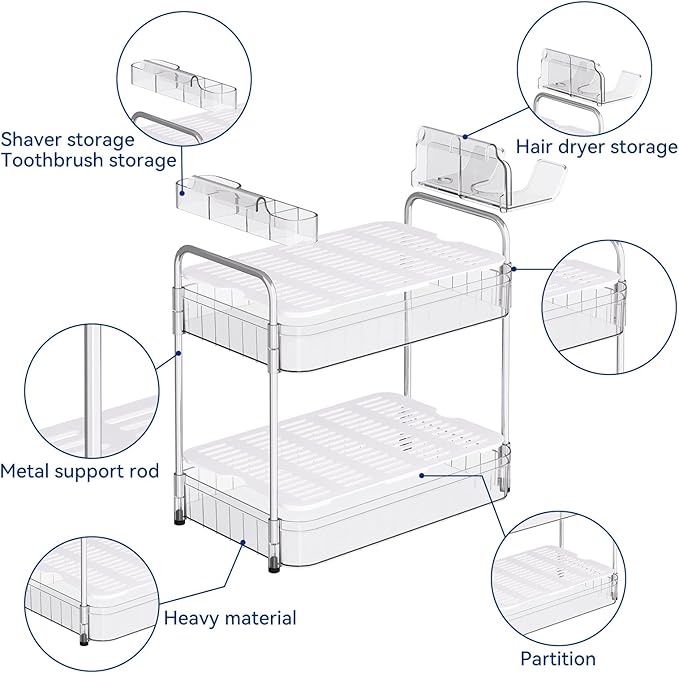 AmzAge Bathroom Countertop Organizer,Makeup Counter Organizer With Hair Dryer Holder,Compatible with Dyson Blow Dryer,Electric Toothbrush And Toothpaste Holder,2-Tier Detachable Design,Transparent
