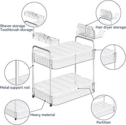 AmzAge Bathroom Countertop Organizer,Makeup Counter Organizer With Hair Dryer Holder,Compatible with Dyson Blow Dryer,Electric Toothbrush And Toothpaste Holder,2-Tier Detachable Design,Transparent