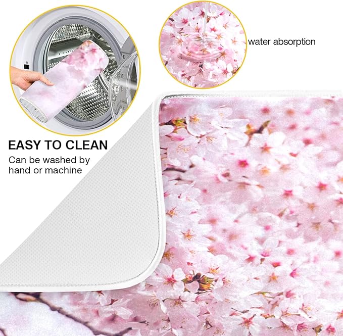 ZzWwR Romantic Pink Cherry Blossoms Absorbent Dish Drying Mat Microfiber Kitchen Countertop Table Protector Multipurpose Counter Rack Sink Drainer Pad (16” x 18”)