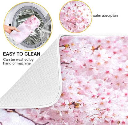 ZzWwR Romantic Pink Cherry Blossoms Absorbent Dish Drying Mat Microfiber Kitchen Countertop Table Protector Multipurpose Counter Rack Sink Drainer Pad (16” x 18”)