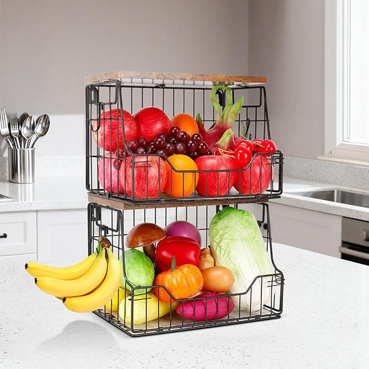 Livabber Fruit Basket for Kitchen, Metal Fruit Vegetable Storage Bin with 2 Banana Hangers, Countertop Wire Basket Organizer for Snack Potato Onion, Screw Mounted or Stand (Black, 2 Pack)