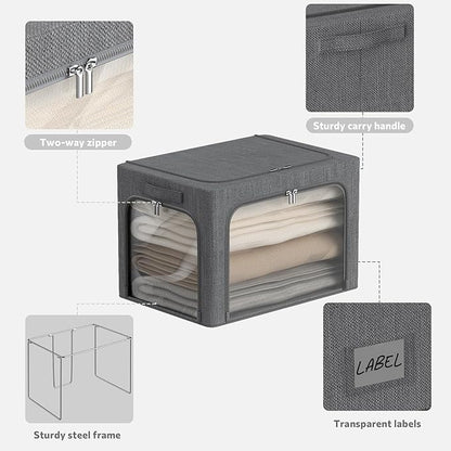 3 Openings Clothes Storage Bins Box - 3Pack Stackable Foldable Storage Bin - Metal Frame Storage Box Clothing Storage Organizer with Clear Window, Carry Handles (Drak Grey, 100L-23.6x16.5x15.7in)